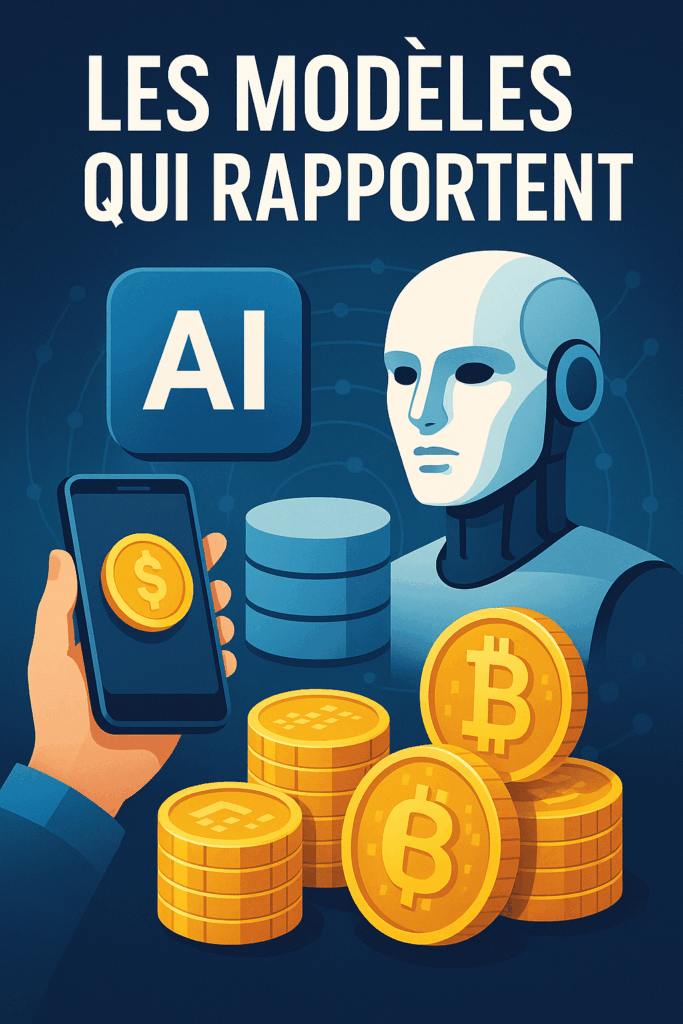 Illustration d’un robot IA, smartphone et pièces numériques représentant les nouveaux modèles économiques rentables via l’intelligence artificielle