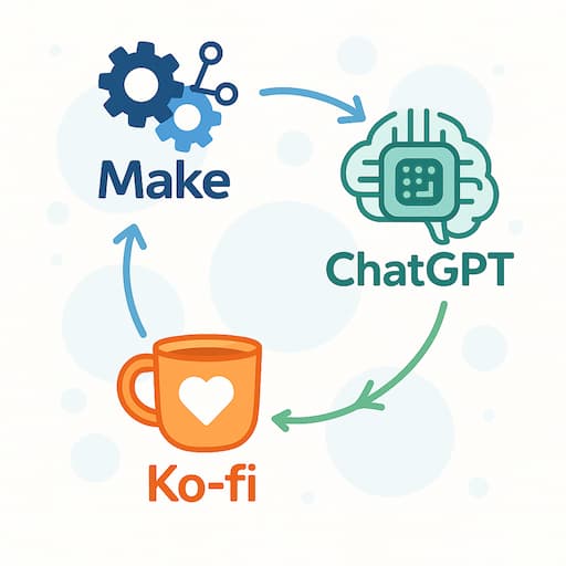 Illustration d’un système d’automatisation de revenus avec Make, ChatGPT et Ko-fi