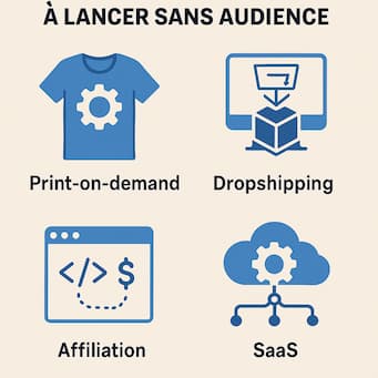 Infographie illustrant les business automatisés comme le print-on-demand, le dropshipping, l’affiliation et le SaaS