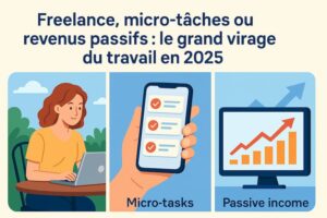 Visuel représentant les formes modernes de travail numérique en 2025 : freelance, micro-tâches et revenus passifs
