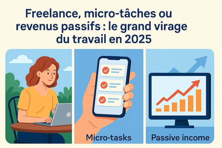 Visuel représentant les formes modernes de travail numérique en 2025 : freelance, micro-tâches et revenus passifs