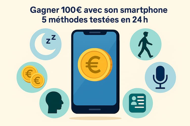 Illustration représentant 5 façons de gagner 100€ avec un smartphone en 24h