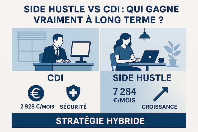 Comparaison entre le CDI et le side hustle à long terme, avec des chiffres clés et une stratégie hybride