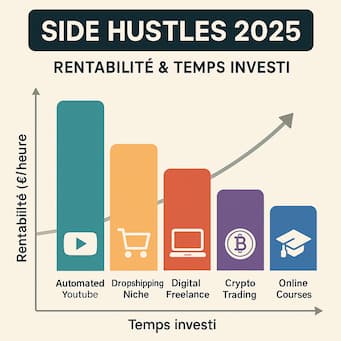 Graphique comparatif illustrant les 5 meilleurs side hustles en 2025 selon leur rentabilité en euros par heure et le temps investi chaque semaine.